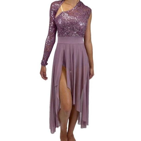 Girls Balera Dance Costume Long Purple Mauve Sequin Dress‎ Child Large - Picture 9 of 10
